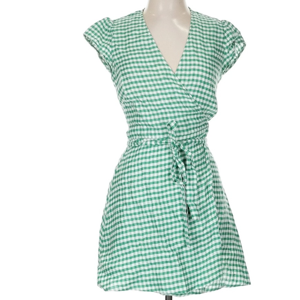 Reformation Rodin Linen Mini Dress Green Gingham Plaid Wrap Dress Medium - Picture 2 of 6